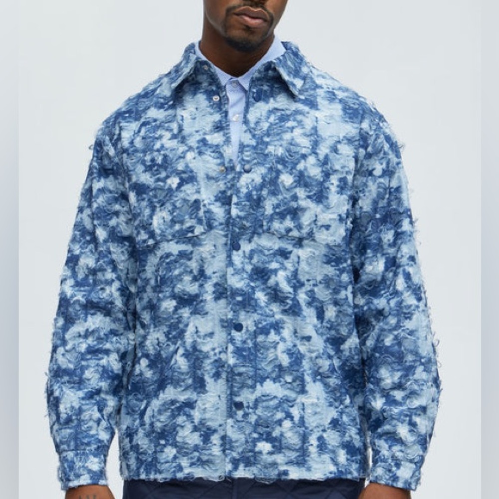 Mens XXL Fashion Nova Torn Ripped Distressed Rugged Button Down Blue White Shirt